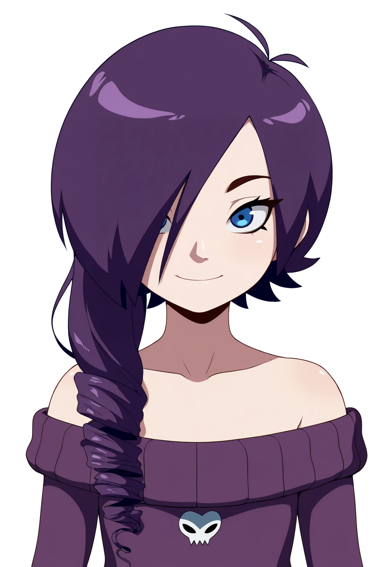 best quality, amazing quality, very aesthetic, absurdres,
1girl, zonetan, blue eyes, hair over one eye, drill hair, purple hair, long hair,
bare shoulders, off-shoulder sweater dress,
upper body,
smile, looking at viewer, simple background, white background, <lora:ZonetanNoobXL_byKonan:1>