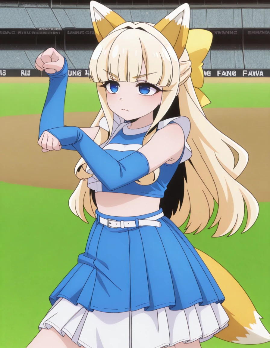masterpiece, best quality, amazing quality,, <lora:kaoruko-tenkawa-s1-illustriousxl-lora-nochekaiser:1>, kaoruko tenkawa, tenkawa kaoruko, long hair, blue eyes, blonde hair, bow, hair bow, yellow bow, mature female, small breasts, anime screencap, <lora:kitsune-dance-illustriousxl-lora-nochekaiser:1>, kitsune dance, cheerleader, layered skirt, paw pose, fox ears, white belt, fox tail, baseball stadium, blue shirt, blue skirt, crop top, sleeveless shirt, midriff, <lora:kung-fu-illustriousxl-lora-nochekaiser:1>, kung fu, martial arts, training, fighting stance, cowboy shot, hands behind back, ,