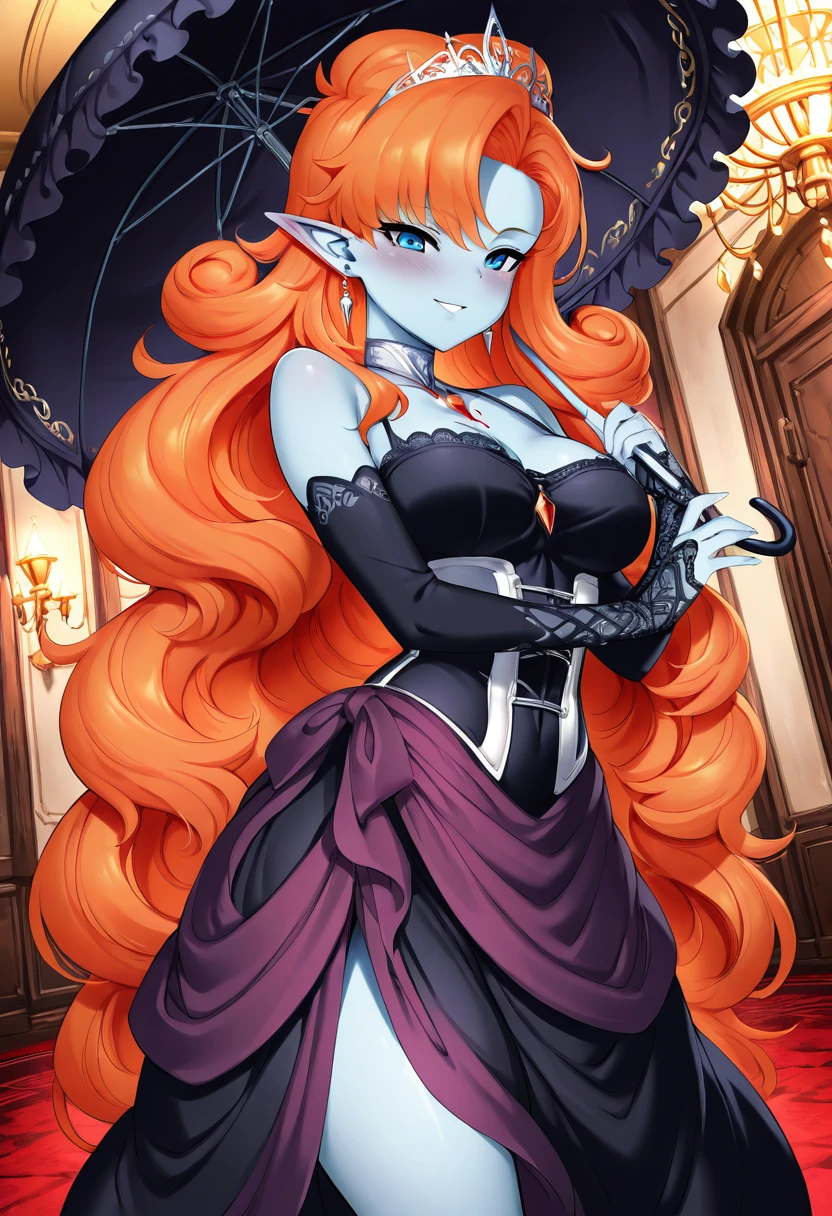 masterpiece, best quality, solo, curvy, beautiful eyes, narrow waist, wide hips, 1girl, solo, smile, looking at viewer, dynamic angle, zZangya, blue eyes, blue skin, pointy ears, orange hair, curly hair, long hair, big hair,    ,       <lora:ZangyaDragonballIXL:0.8>,  <lora:MdastarouStyle_IXL:0.8>, [Ballroom Blood Countess], floor-length ballgown, layered silk underskirt, ruffled neckline, red gemstone brooch, fitted lace gloves, ribbon-trimmed parasol, satin corset, silver tiara, bat-wing earrings, black tulle shawl, waltz pose, polished marble floor, chandelier overhead, piercing red eyes,