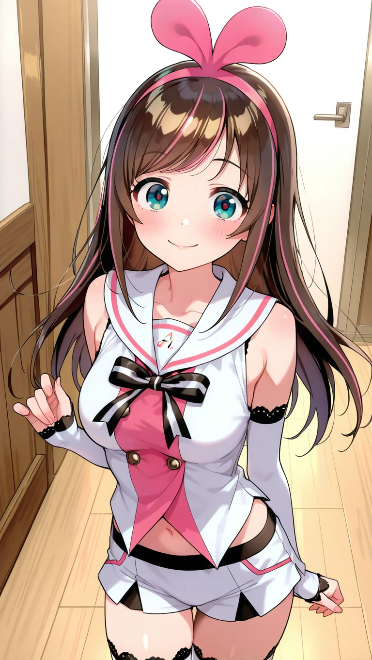(masterpiece),best quality,amazing quality,very aesthetic,absurdres,newest,perfect body,shiny skin,perfect eyes,detail1eye,well-defined fingers,well-defined fingernails,anime style,indoors,1girl,solo,upper body,(portrait:1.5),looking at viewer,facing viewer,smile,blush,Kizuna AI,pink hairband,long hair,brown hair,two-tone hair,streaked hair,pink hair,swept bangs,blue eyes,collarbone,white sailor collar,bare shoulders,white shirt,sleeveless shirt,black ribbon,neck ribbon,detached sleeves,lace-trimmed sleeves,medium breasts,navel,white shorts,short shorts,lace-trimmed legwear,thigh boots,white footwear,<lora:Kizuna AI(vtb)-Illus:1.6>,