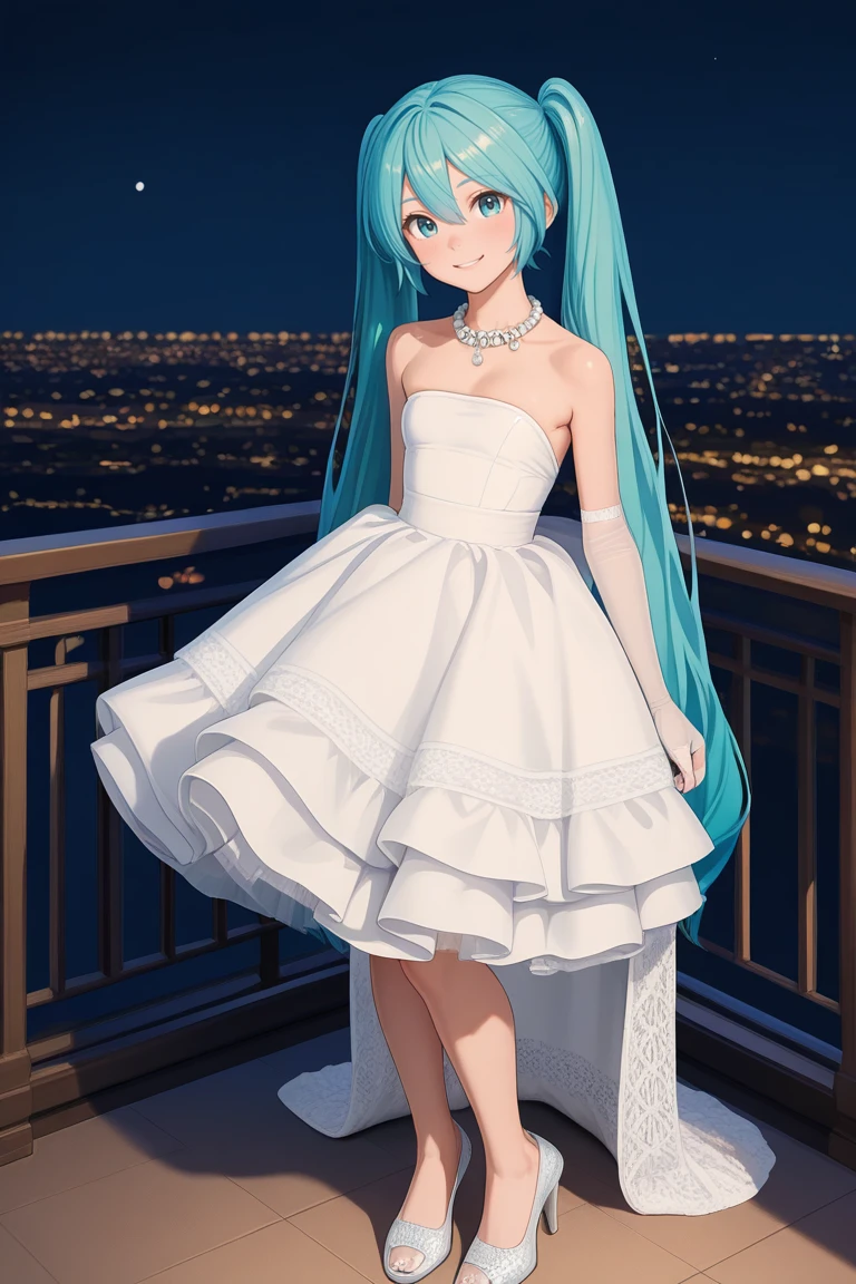 1girl, <lora:white_high_low_dressV1_Illustrious:1.0> ,white high-low dress,lace train,ruffled skirt,bare shoulders,strapless,pearl necklace,jewelry,white lace elbow gloves,white footwear,outdoors, high heels, masterpiece, best quality, amazing quality, newest,smile,balcony, moonlight, night breeze,hatsune miku,