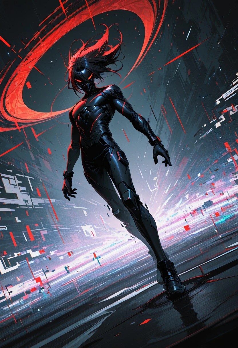 1boy,  dynamic dutch angle, abstract background, abstract, glitch:1.7, absurdres, masterpiece, best quality, highres,  dynamic pose, epic vfx, visual effects