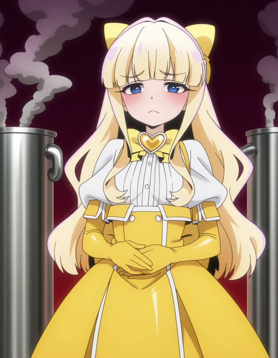 masterpiece, best quality, amazing quality,, <lora:kaoruko-tenkawa-s1-illustriousxl-lora-nochekaiser:1>, kaoruko tenkawa, tenkawa kaoruko, long hair, blue eyes, blonde hair, bow, hair bow, yellow bow, mature female, small breasts, anime screencap, gloves, dress, heart, elbow gloves, magical girl, yellow gloves,, hands on stomach, blush,, refinery, pipes, smoke, metal, oil, cowboy shot, solo, looking at viewer,