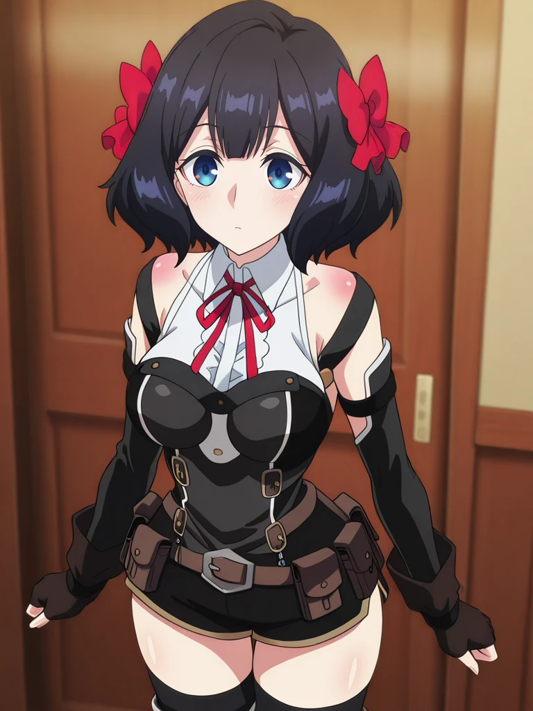 32k, Super-Resolution, professional, masterpiece, best quality, absurdres, award winning, Digital Art, very aesthetic, absolutely eye-catching, Cinematic Lighting, 16-bit RGB, character focus, perfect anatomy,body blush, perfect hands, ultra detailed, soft skin, Ray Tracing Global Illumination, Depth of Field, Cinematic, Ray Tracing Reflections, Concept Art, breathtaking, White Balance, F/2.8, Perspective, detailed gorgeous body, detailed gorgeous background, Anti-Aliasing, <lora:StS-Illustrious-Detail-Slider-v1.0:3>,extreme details, RTX, <lora:dynamic-pose-illustriousxl-lora-nochekaiser:1>, (dynamic pose:1.2),cowboy shot, <lora:NSFW slider PXL_last:3>, tino,short black hair,bangs, red hair bow,blue eyes, anime screenshot, tinodress,bare shoulders,collared shirt,neck ribbon,red ribbon,detached sleeves,brown fingerless gloves,belt,belt pouch,vertical stripes, zettai ryouiki,black thighhighs,black thigh boots, <lora:Tino_Shade:1>