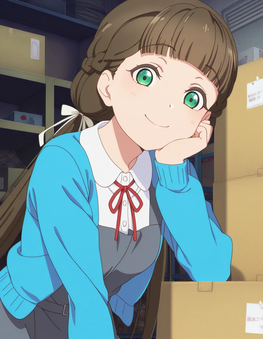 masterpiece, best quality, amazing quality,, <lora:kinako-sakuraouji-s2-illustriousxl-lora-nochekaiser:1>, kinako sakurakouji, sakurakouji kinako, long hair, bangs, brown hair, twintails, green eyes, hair ribbon, braid, blunt bangs, low twintails, mature female, small breasts, anime screencap, shirt, dress, ribbon, jacket, white shirt, open clothes, collared shirt, open jacket, red ribbon, neck ribbon, blue jacket, pinafore dress, grey dress,, head rest, smile,, storage room, shelves, boxes, clutter, supplies, cowboy shot, solo, looking at viewer,
