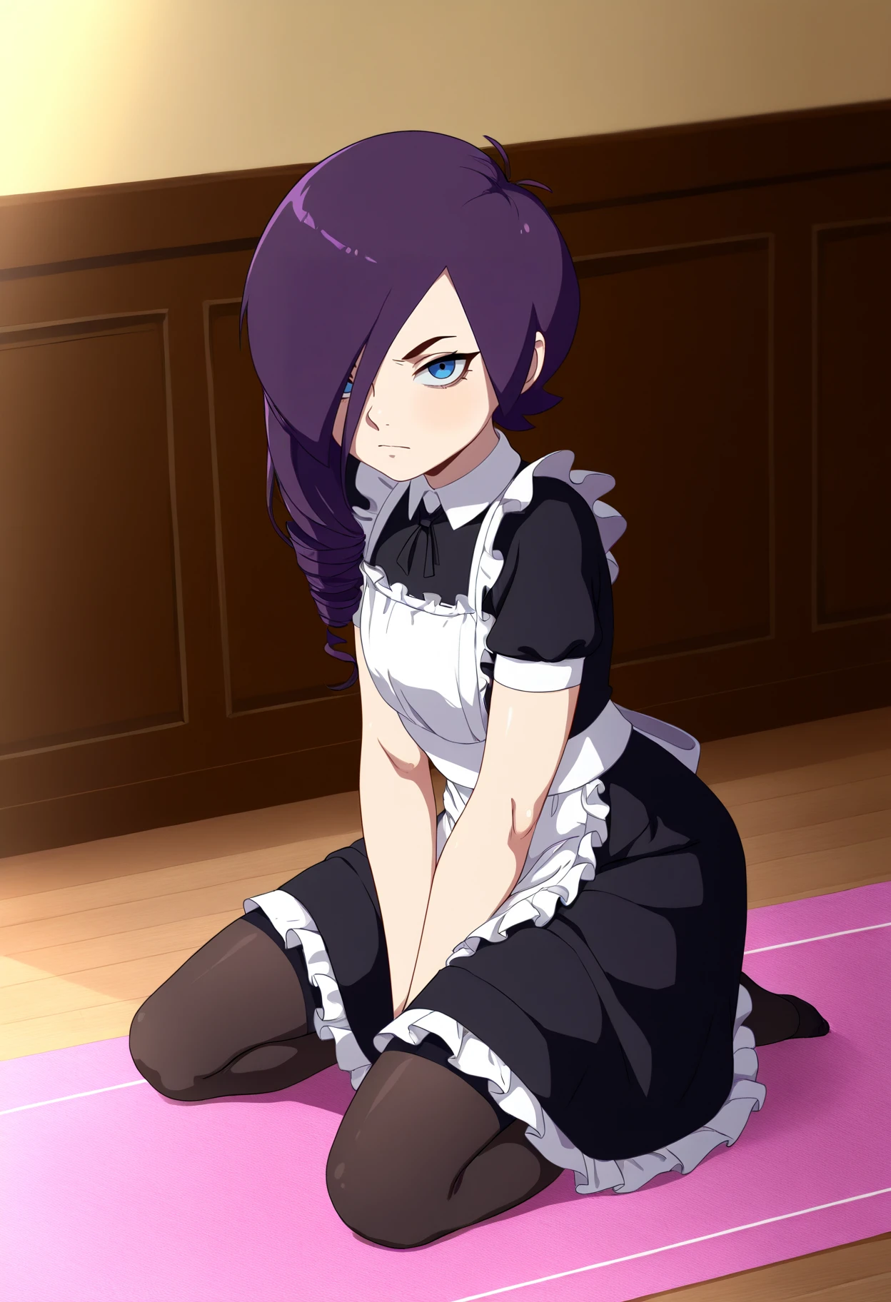 best quality, amazing quality, very aesthetic, absurdres,
1girl, zonetan, blue eyes, hair over one eye, drill hair, purple hair, long hair,
black dress, maid uniform, maid, maid outfit, kneeling, stockings, looking at viewer, solo, indoors, bedroom background, <lora:ZonetanNoobXL_byKonan:1>