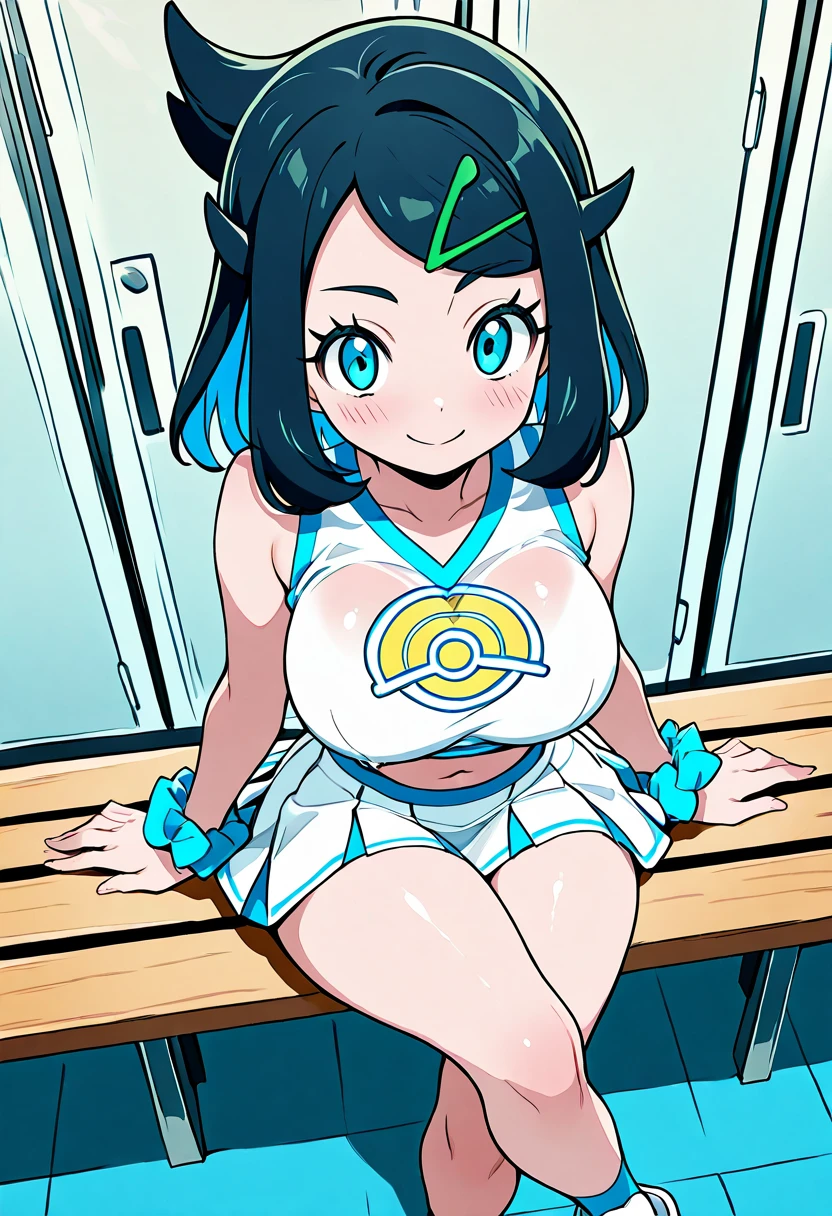 masterpiece, best quality, solo, curvy, beautiful eyes, narrow waist, wide hips, 1girl, solo, smile, looking at viewer, dynamic angle, foreshortening, close up,    liko (pokemon), pokemon, 1girl, blue eyes, aqua eyes, eyelashes, black hair, medium hair, blue hair, colored inner hair, hairclip,   large breasts,   ,<lora:LikoPokemonIXL:1.0>,  <lora:CitronKuroStyle_IXL:1.0>, [After Practice Pep], Classic cheerleader uniform with crop top and pleated miniskirt, matching sneakers, scrunchie in hair, Sitting on a locker room bench, legs crossed, catching her breath post-routine, surrounded by open lockers and the scent of fresh sweat and hairspray.