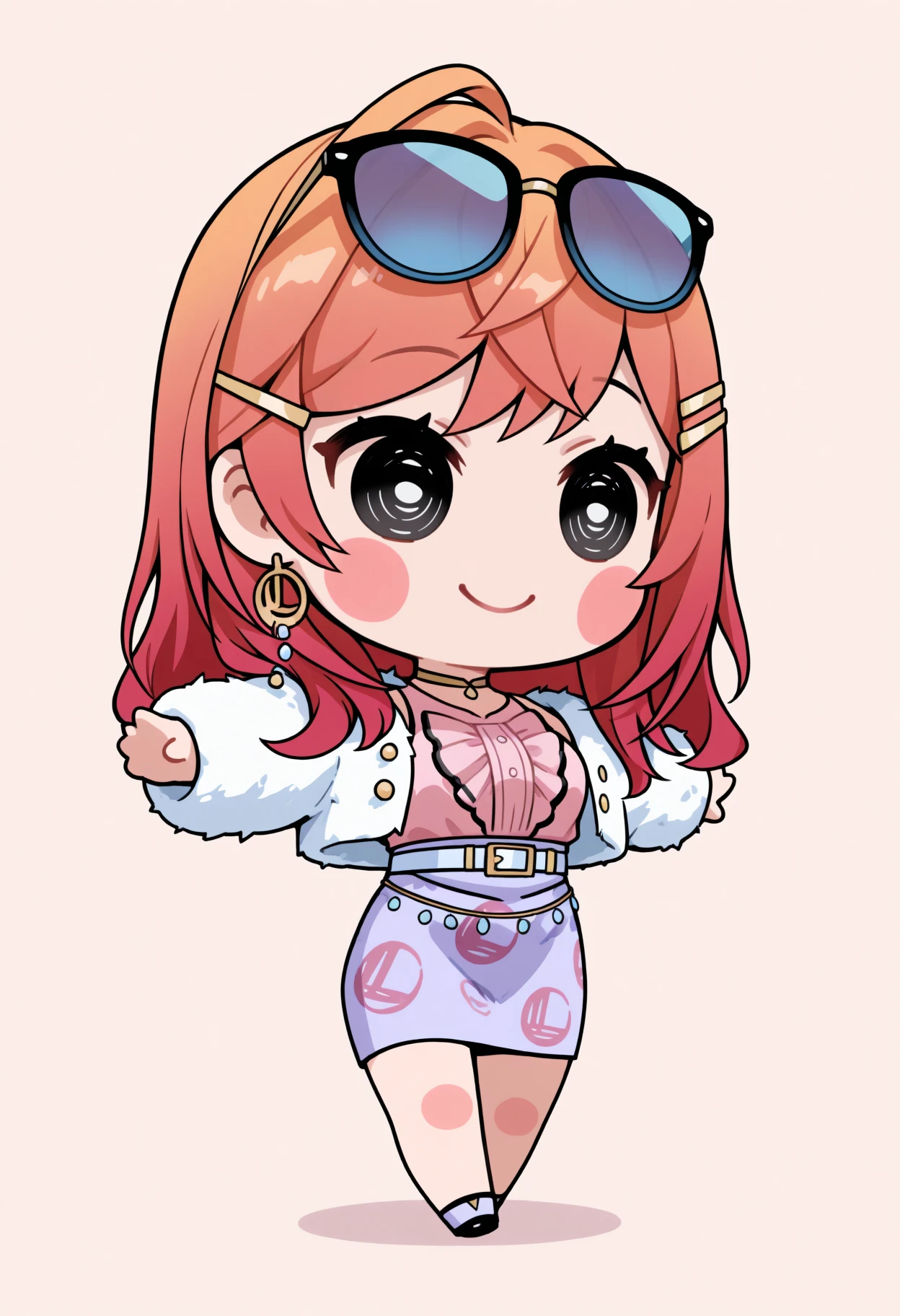 masterpiece, best quality, 1girl, solo, Rir1kaDef, multicolored hair, orange hair, red hair, long hair, hairclip, sunglassses on head, choker, sleeveless shirt, pink shirt, belt, purple skirt, pencil skirt, print skirt, white jacket, fur jacket, cropped jacket, chibi, full body, blush stickers, black eyes, simple background, spread arms, smile, <lora:style_beegsmol_noobAIXL11EPS-GLoRA:1>, <lora:ChamIchijouRirikaNoob:1>