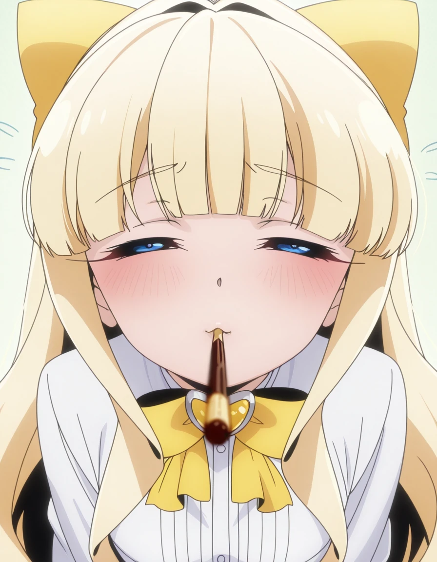 masterpiece, best quality, amazing quality,, <lora:kaoruko-tenkawa-s1-illustriousxl-lora-nochekaiser:1>, kaoruko tenkawa, tenkawa kaoruko, long hair, blue eyes, blonde hair, bow, hair bow, yellow bow, mature female, small breasts, anime screencap, <lora:incoming-pocky-kiss-illustriousxl-lora-nochekaiser:1>, incoming pocky kiss, looking at viewer, blush, food, mouth hold, flying sweatdrops, pocky, closed eyes, foreshortening, ,