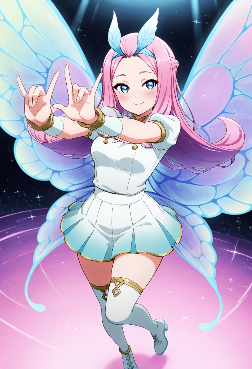 <lora:Mei Tata:1> Mei Tata, 1girl, solo, long hair, pink hair, breasts, antenna hair, full body, smile, bow, open mouth, pink eyes, heart, navel, arm up, large breasts, dress, clothing cutout, skirt, very long hair, wings, twintails, shoes, looking at viewer, cleavage, bare legs, :d, low-tied long hair, smirk, ((Shonen Style)), (detailed background, intricate background:1.1), beautiful ((Extremely Detailed)), ((Best Quality)), ((Masterpiece)), ((4k))