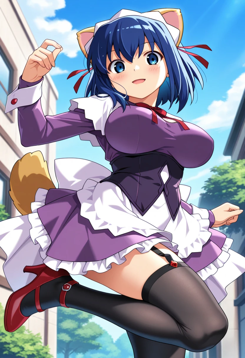 (masterpiece:1.5),(best quality:1.1), (ultra-detailed:1.1), (beutiful illustration:1.1),(1girl, solo),
magical maid, 1girl, solo, thighhighs, animal ears, blue hair, tail, breasts, high heels, blue eyes, large breasts, cleavage, maid, zettai ryouiki, long sleeves, short hair, laughing, angry, smile
<lora:MagicalMaid:0.65>
blush,
((( outdoors, city,))),( cowboy shot , dynamic pose, looking at viewer )
<lora:GoodHands-vanilla:1>