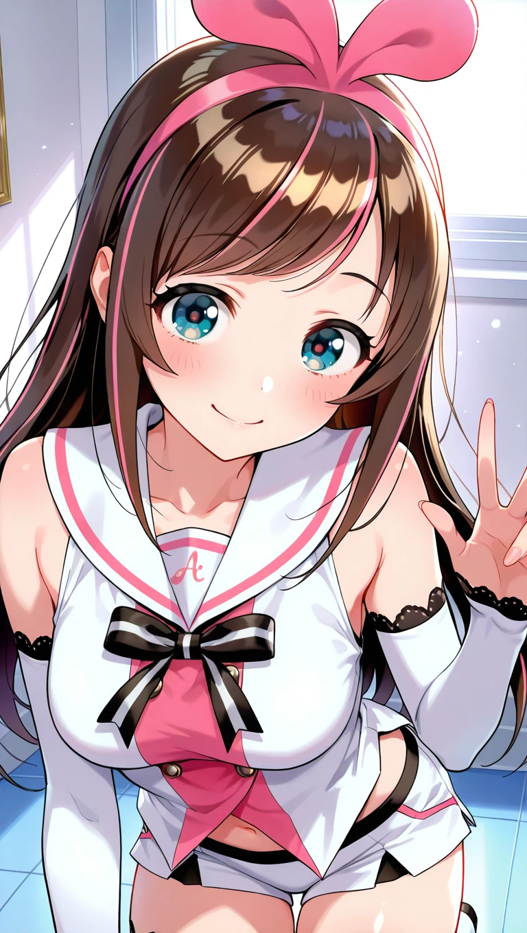 (masterpiece),best quality,amazing quality,very aesthetic,absurdres,newest,perfect body,shiny skin,perfect eyes,detail1eye,well-defined fingers,well-defined fingernails,anime style,indoors,1girl,solo,upper body,(portrait:1.5),looking at viewer,facing viewer,smile,blush,Kizuna AI,pink hairband,long hair,brown hair,two-tone hair,streaked hair,pink hair,swept bangs,blue eyes,collarbone,white sailor collar,bare shoulders,white shirt,sleeveless shirt,black ribbon,neck ribbon,detached sleeves,lace-trimmed sleeves,medium breasts,navel,white shorts,short shorts,lace-trimmed legwear,thigh boots,white footwear,<lora:Kizuna AI(vtb)-Illus:1.6>,