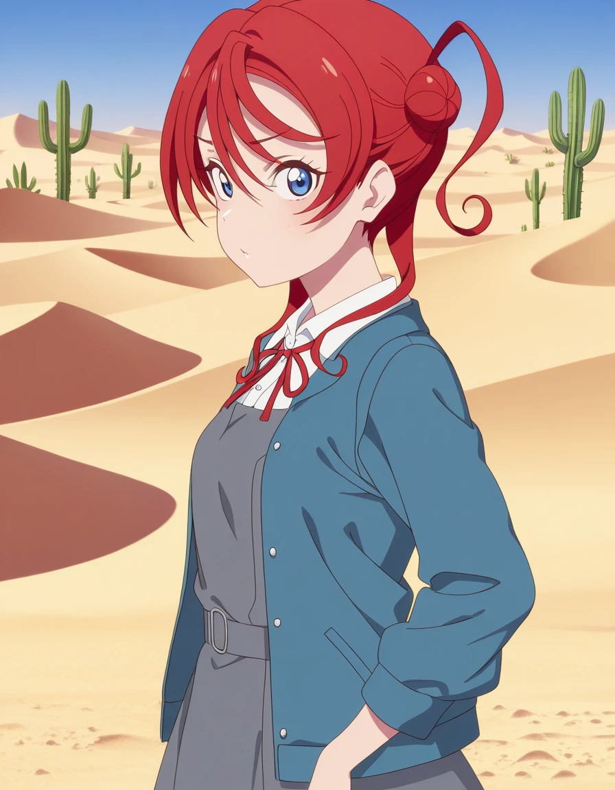 masterpiece, best quality, amazing quality,, <lora:mei-yoneme-s2-illustriousxl-lora-nochekaiser:1>, mei yoneme, yoneme mei, bangs, blue eyes, hair between eyes, red hair, hair bun, single hair bun, single side bun, mature female, small breasts, anime screencap, shirt, dress, ribbon, jacket, white shirt, open clothes, collared shirt, open jacket, red ribbon, neck ribbon, blue jacket, pinafore dress, grey dress,, from side, desert, sand, dunes, cacti, heat, cowboy shot, solo, looking at viewer,