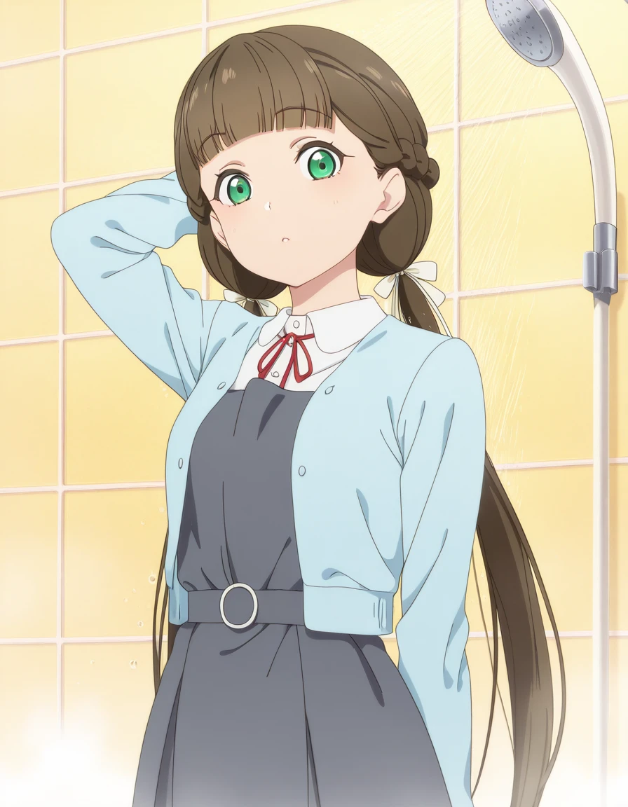masterpiece, best quality, amazing quality,, <lora:kinako-sakuraouji-s2-illustriousxl-lora-nochekaiser:1>, kinako sakurakouji, sakurakouji kinako, long hair, bangs, brown hair, twintails, green eyes, hair ribbon, braid, blunt bangs, low twintails, mature female, small breasts, anime screencap, shirt, dress, ribbon, jacket, white shirt, open clothes, collared shirt, open jacket, red ribbon, neck ribbon, blue jacket, pinafore dress, grey dress,, hand behind head, , shower, water, steam, shower_head, tiles, cowboy shot, solo, looking at viewer,