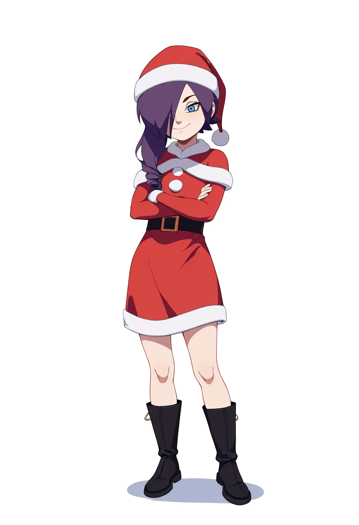 best quality, amazing quality, very aesthetic, absurdres,
1girl, zonetan, blue eyes, hair over one eye, drill hair, purple hair, long hair,
santa clause outfit, santa hat, boots,
smile, full body,
looking at viewer, solo, simple background, white background <lora:ZonetanNoobXL_byKonan:1>