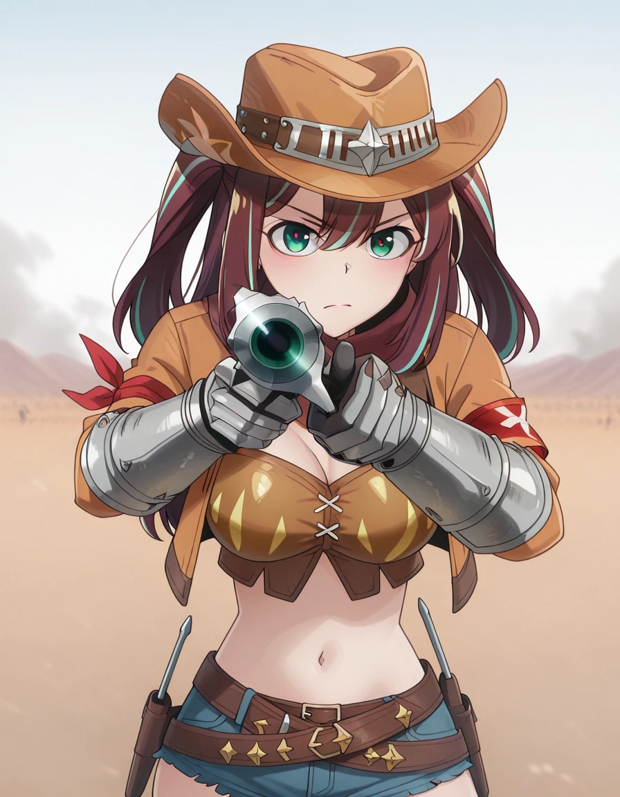 masterpiece, best quality, amazing quality,, <lora:matama-akoya-s1-illustriousxl-lora-nochekaiser:1>, matama akoya, long hair, brown hair, green eyes, multicolored hair, aqua eyes, two side up, streaked hair, mature female, medium breasts, anime screencap, <lora:wroggi-armor-illustriousxl-lora-nochekaiser:1>, wroggi armor, wroggi (armor), brown crop top, armband, armlet, belt, belt skirt, cleavage, cowboy hat, cowboy western, cutoffs, denim, denim shorts, gauntlets, gloves, hat, jewelry, midriff, navel, short shorts, shorts,, <lora:center-axis-relock-stance-illustriousxl-lora-nochekaiser:1>, center axis relock stance, looking at viewer, holding, closed mouth, weapon, holding weapon, gun, holding gun, handgun, aiming, finger on trigger, aiming at viewer, m1911,, ,