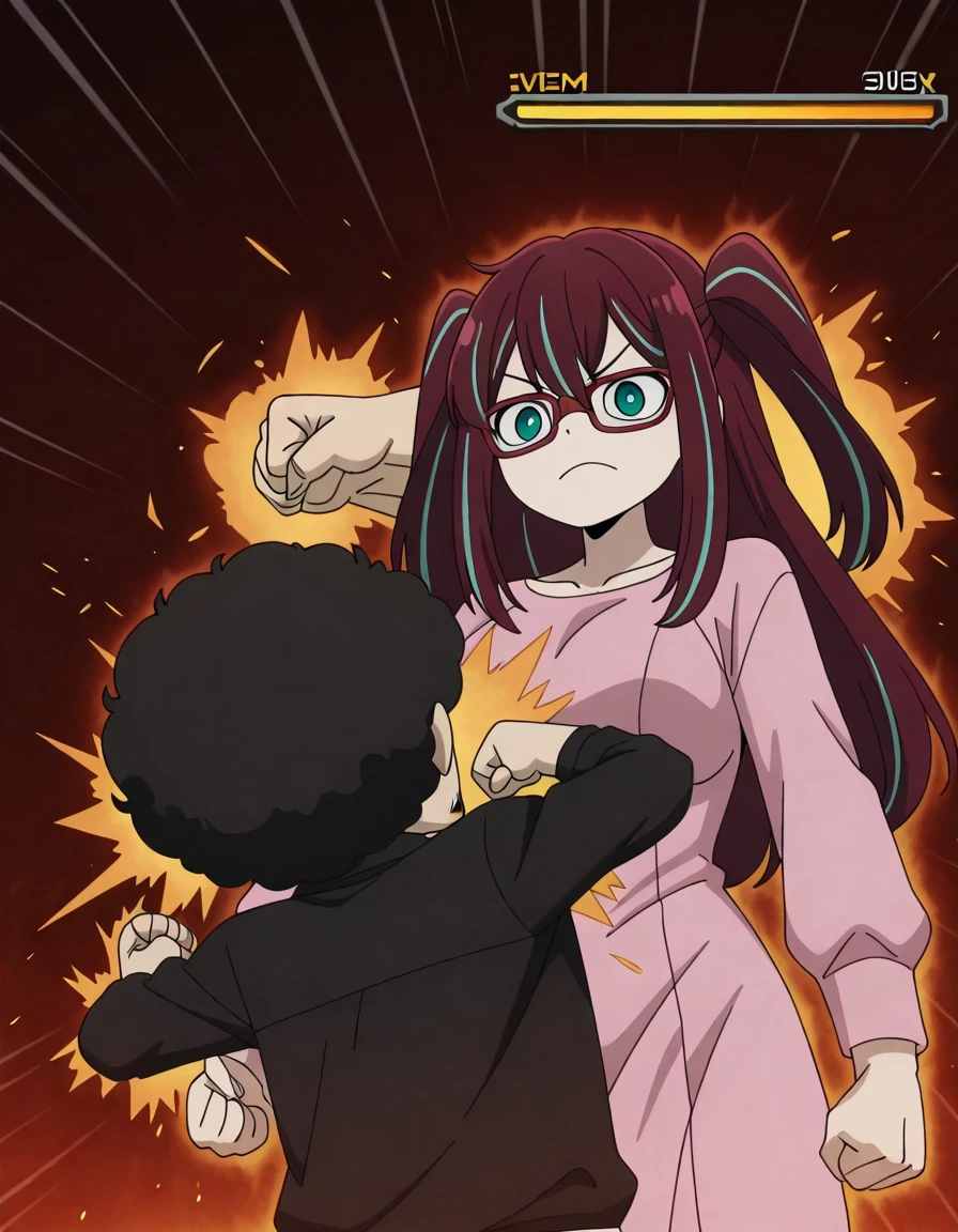 masterpiece, best quality, amazing quality,, <lora:matama-akoya-s1-illustriousxl-lora-nochekaiser:1>, matama akoya, long hair, brown hair, green eyes, multicolored hair, aqua eyes, two side up, streaked hair, mature female, medium breasts, anime screencap, <lora:raiden-punching-armstrong-illustriousxl-lora-nochekaiser:1>, raiden punching armstrong, raiden punching armstrong (meme), 1boy, 1girl, hands up, clenched fist, standing, gameplay mechanics, punching, duel, health bar, rapid punches, hetero, couple, emphasis lines, afterimage,, <lora:franky-franklin-anime-illustriousxl-lora-nochekaiser:1>, franky franklin, black hair, glasses, facial hair, red-framed eyewear, goatee, afro, black eyes, 1boy,