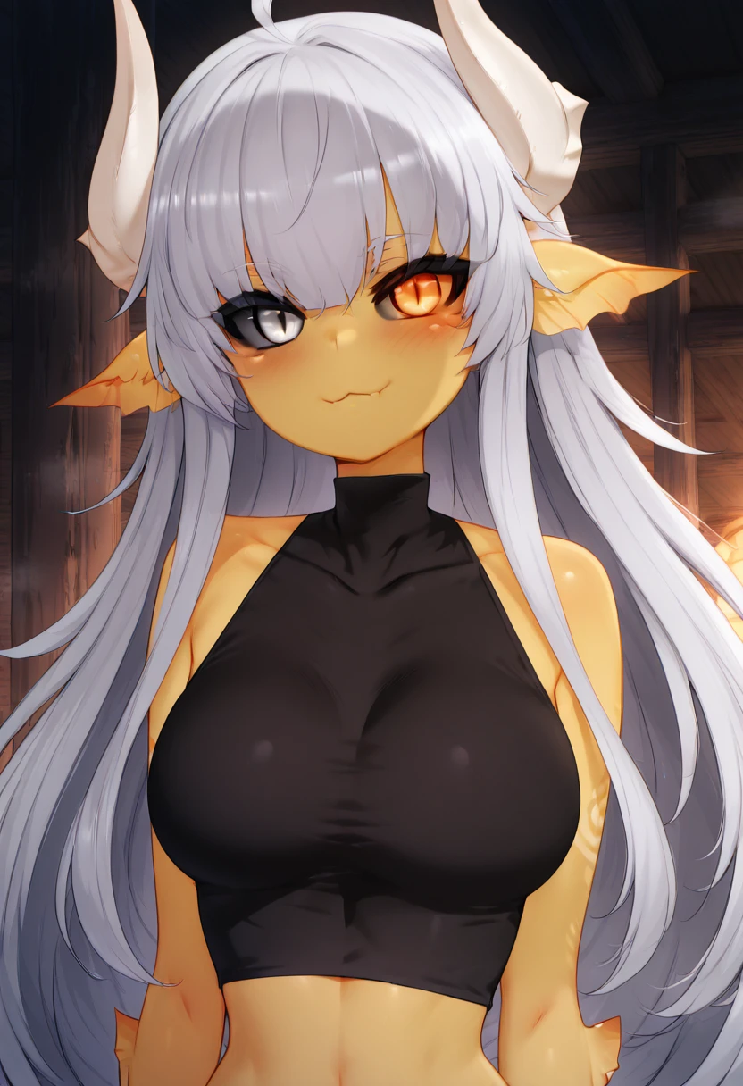 1girl, (maggie), upper body, nude, medium breasts, nipples, horns, solo, long hair, breasts, multicolored hair, bangs, scarf, scarf over mouth, orange eyes, streaked hair, shy, full face blush, :o, ((looking_at_viewer)), (masterpiece), (best quality), (ultra detailed),  <lora:Maggie-06:0.8>