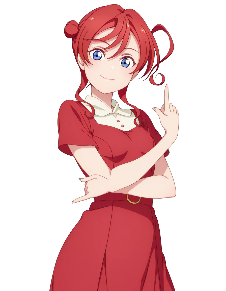 masterpiece, best quality, amazing quality,, <lora:mei-yoneme-s2-illustriousxl-lora-nochekaiser:1>, mei yoneme, yoneme mei, bangs, blue eyes, hair between eyes, red hair, hair bun, single hair bun, single side bun, mature female, small breasts, anime screencap, <lora:kakyoin-noriakis-pose-illustriousxl-lora-nochekaiser:1>, kakyoin noriakis pose, kakyoin noriaki's pose (jojo), jojo pose, m/, pointing up, hands up, looking at viewer, smile, cowboy shot, , <lora:transparent-background-illustriousxl-lora-nochekaiser:1>, transparent background, simple background, white background