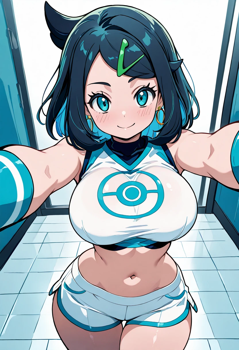 masterpiece, best quality, solo, curvy, beautiful eyes, narrow waist, wide hips, 1girl, solo, smile, looking at viewer, dynamic angle, foreshortening, close up,    liko (pokemon), pokemon, 1girl, blue eyes, aqua eyes, eyelashes, black hair, medium hair, blue hair, colored inner hair, hairclip,   large breasts,   ,<lora:LikoPokemonIXL:1.0>,  <lora:CitronKuroStyle_IXL:1.0>, [Pep Rally Rebel], Tight white crop top tied in front, ultra-short white shorts, cheerleader vest, fingerless gloves, large hoop earrings, white boots, statement jewelry, Strutting across an indoor gym floor, midriff bared and navel catching the light, attitude turned all the way up, head held high as music pulses in the background.