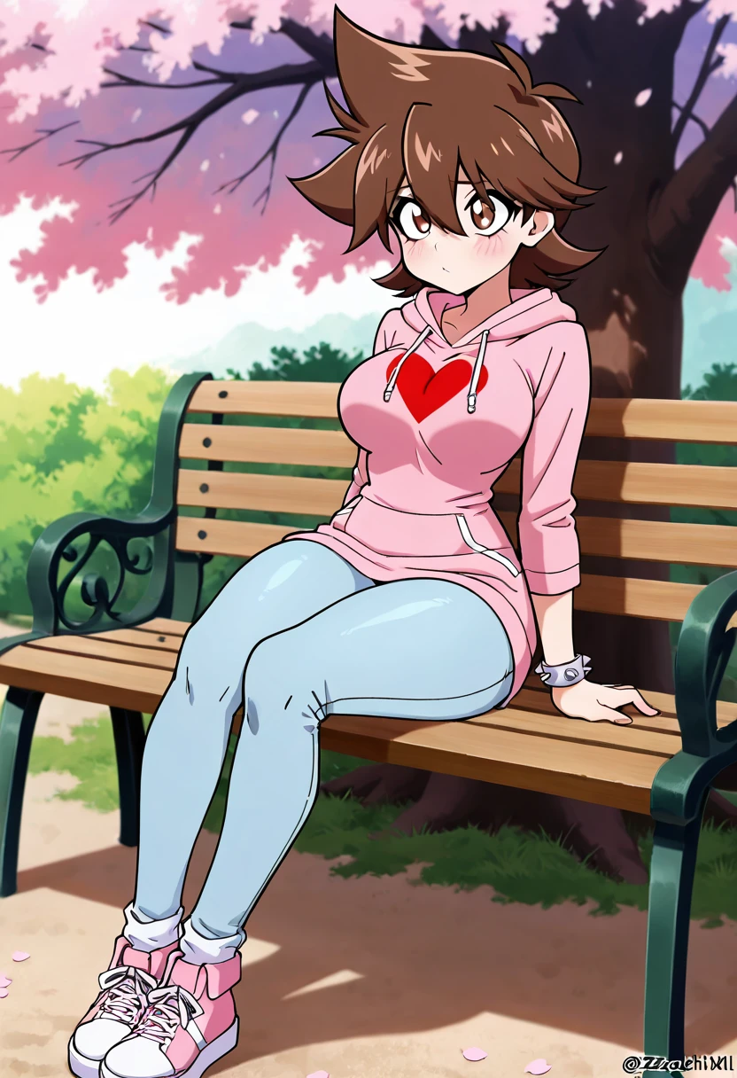 masterpiece, best quality, solo, curvy, beautiful eyes,  narrow waist, wide hips, large breasts,zzTachibana, brown eyes, hair between eyes, brown hair, flipped hair, short hair, spiked hair,   ,       <lora:TachibanaHiromiIXL:0.8>, [Soft Emo], oversized pastel pink hoodie with black heart embroidery, faded skinny jeans with distressed knees, pastel-colored sneakers with platform soles, silver charm bracelet with small hearts and skulls, soft pink eye shadow with light mascara, light blush and lip tint, hair styled in soft waves with a side part, sitting on a park bench under cherry blossom trees, looking thoughtfully at the ground,