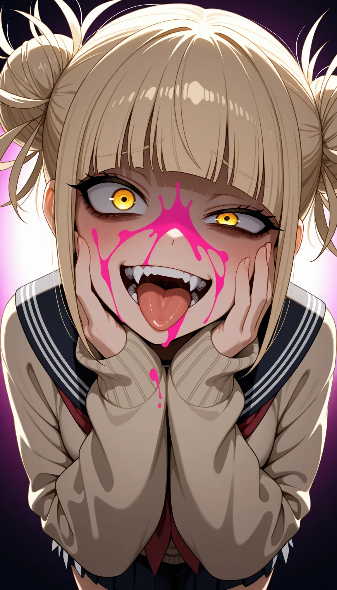 rim light, masterpiece, best quality, amazing quality, very aesthetic, high resolution, ultra-detailed, absurdres, newest, scenery, dark, 1girl, toga himiko, glowing yellow eyes, (blood on face, pink blood:1.2), crazy smile, shaded face, teeth, fangs, (open mouth:1.2), tongue out, lip licking, double bun, crazy eyes, wide-eyed, big eyes, sanpaku, (uneven eyes:1.2), raised furrowed eyebrows, pink blood, (hands on own cheek:1.2), school uniform, from above, looking up, dutch angle, head tilt, leaning forward, knees together feet apart, twisty pose, dynamic, colorful light particles, (pink:0.7) colorful background, backlighting, wide shot, BREAK, hands, fingers, mouth, tongue, ears, detailed tongue, extremely detailed, extremely detailed eyes, photorealistic details, detailed skin, detailed hair, delicate hair, shiny skin, volumetric lighting