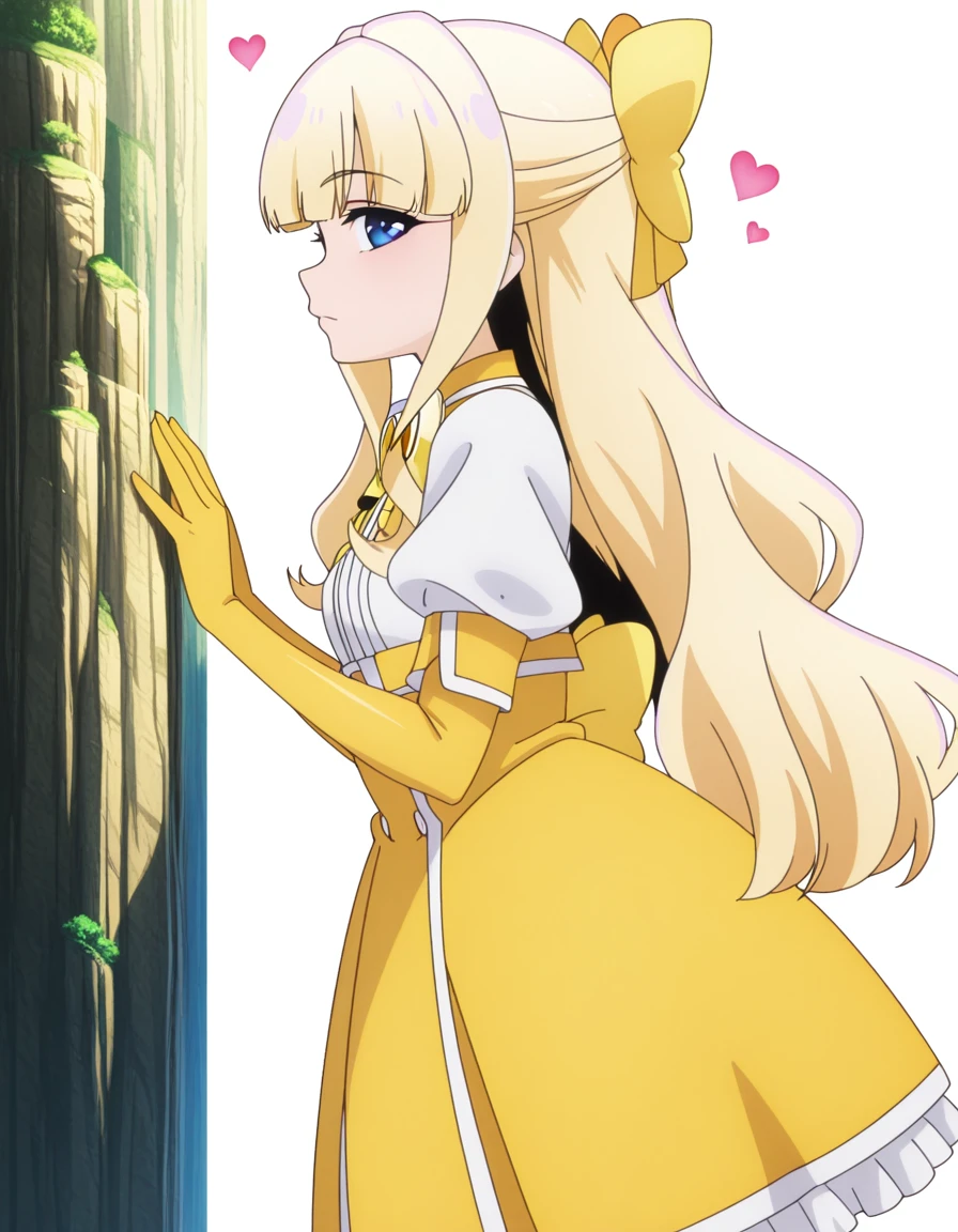 masterpiece, best quality, amazing quality,, <lora:kaoruko-tenkawa-s1-illustriousxl-lora-nochekaiser:1>, kaoruko tenkawa, tenkawa kaoruko, long hair, blue eyes, blonde hair, bow, hair bow, yellow bow, mature female, small breasts, anime screencap, gloves, dress, heart, elbow gloves, magical girl, yellow gloves,, from side, cliff, height, rocks, nature, sky, cowboy shot, solo, looking at viewer, <lora:transparent-background-illustriousxl-lora-nochekaiser:1>, transparent background, simple background, white background