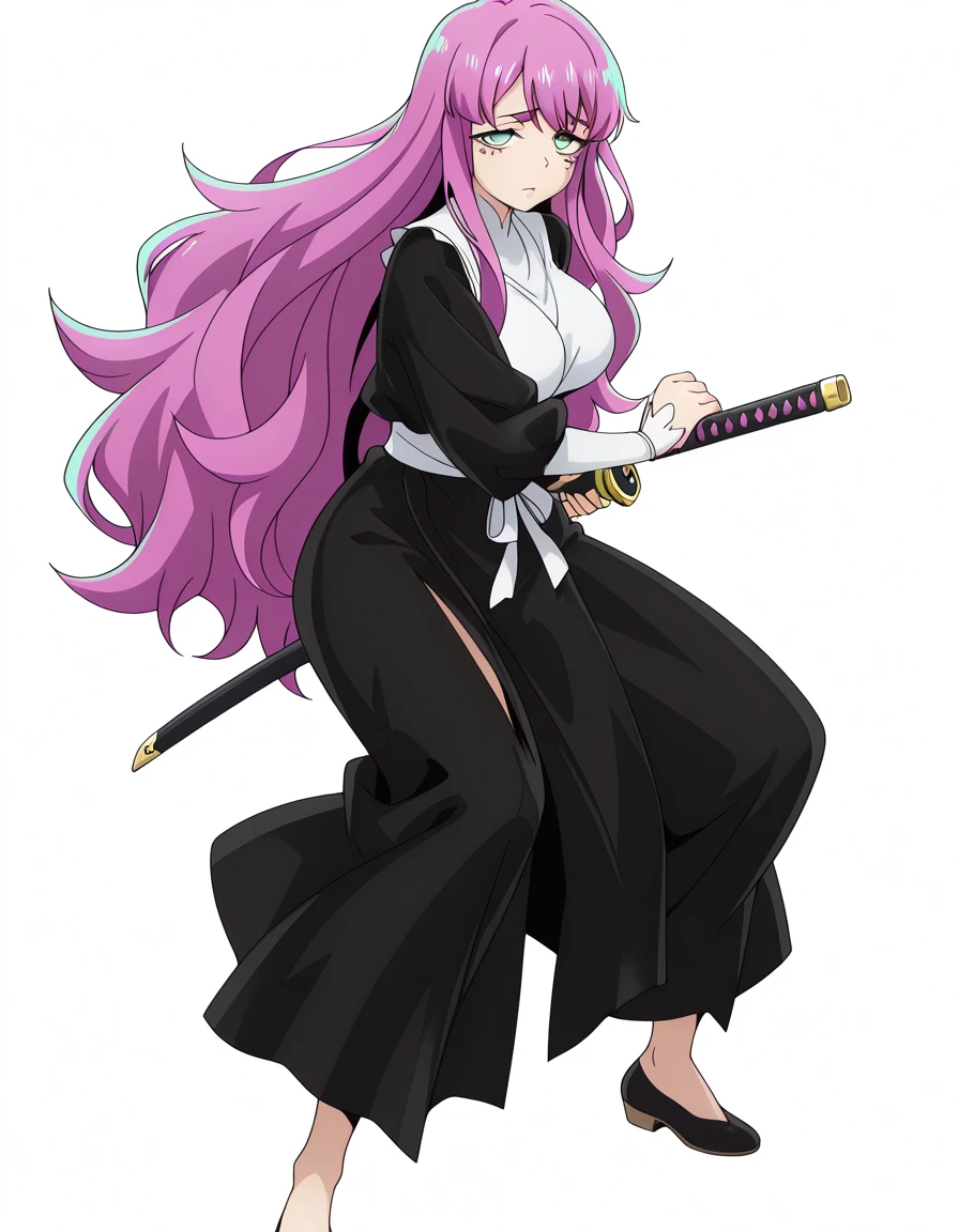 masterpiece, best quality, amazing quality,, <lora:sister-gigant-s1-illustriousxl-lora-nochekaiser:1>, sister gigant, long hair, very long hair, green eyes, pink hair, facial mark, mature female, breasts, anime screencap, <lora:battoujutsu-stance-illustriousxl-lora-nochekaiser:1>, battoujutsu stance, looking at viewer, holding, weapon, sword, holding weapon, holding sword, standing, katana, sheath, sheathed, fighting stance, ready to draw, , <lora:transparent-background-illustriousxl-lora-nochekaiser:1>, transparent background, simple background, white background