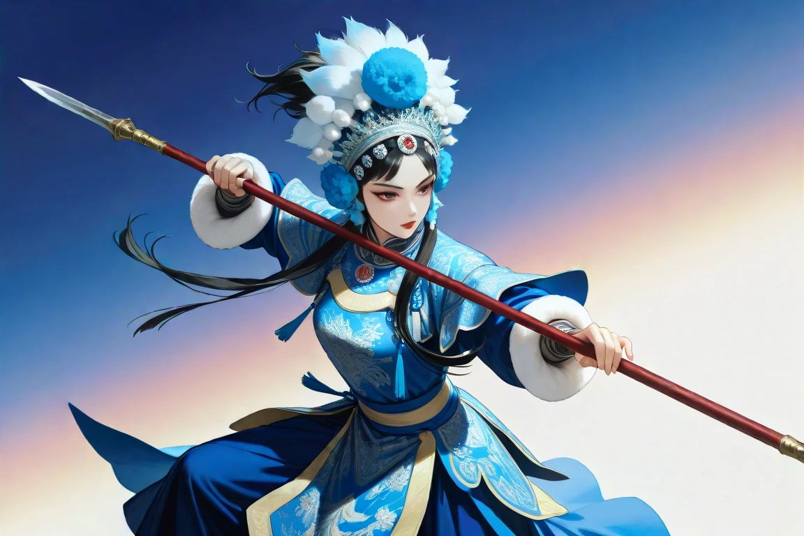 masterpiece, best_quality, very_aesthetic, highres, absurdres, ultra detailed,
<lora:negXL:0.5>
<lora:Beijing_Opera_IL:1>
1girl, beijing opera, black hair, chinese clothes, holding weapon polearm, , lipstick, long sleeves, looking at viewer, makeup, necklace, red lips,chinese armor , eyeshadow, dynamic pose, fighting stance, gauntlets,
yoneyama mai,dynamic visul,multiple-tone hair, multiple-tone background, watercolor \(medium\), vivd color,sepia theme,navy blue theme,warm colors,dream like, gradient background,