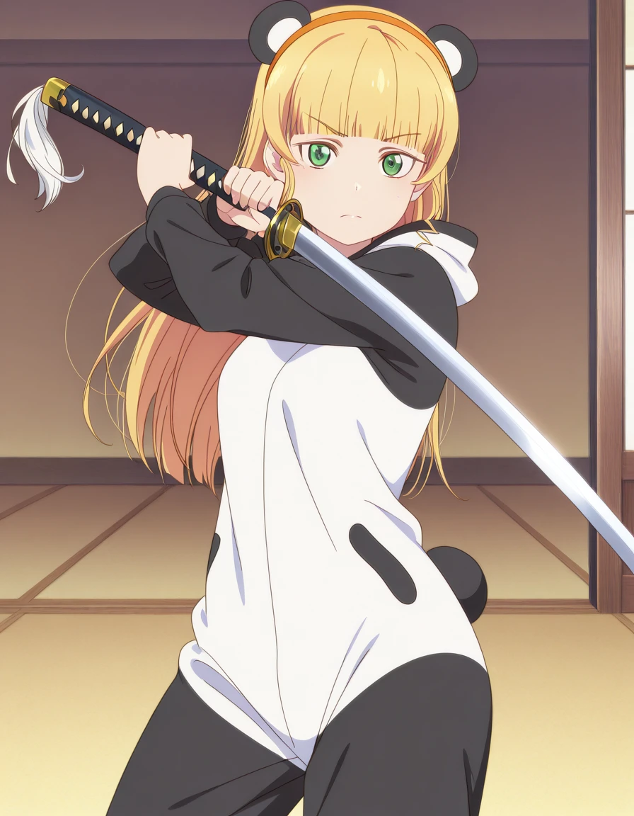 masterpiece, best quality, amazing quality,, <lora:sumire-heanna-s2-illustriousxl-lora-nochekaiser:1>, sumire heanna, long hair, bangs, blonde hair, green eyes, hairband, blunt bangs, orange hairband, mature female, small breasts, anime screencap, <lora:kigurumi-illustriousxl-lora-nochekaiser:1>, kigurumi, animal hood, animal costume, cosplay, panda costume,, <lora:sword-guard-stance-illustriousxl-lora-nochekaiser:1>, sword guard stance, sword, weapon, solo, katana, holding, holding weapon, holding sword, looking at viewer, cowboy shot,, ,