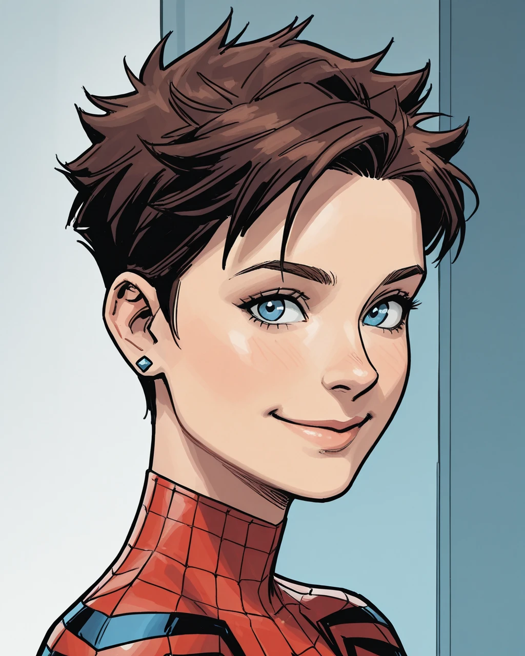 masterpiece, best quality, absurdres, perfect quality, absolutely eye-catching,   <lora:SpiderGirlMaydayIllus:1> sgmayday, 1girl, short hair, brown hair, blue eyes, bodysuit, spider web print, portrait, looking at viewer,  from side, smile,