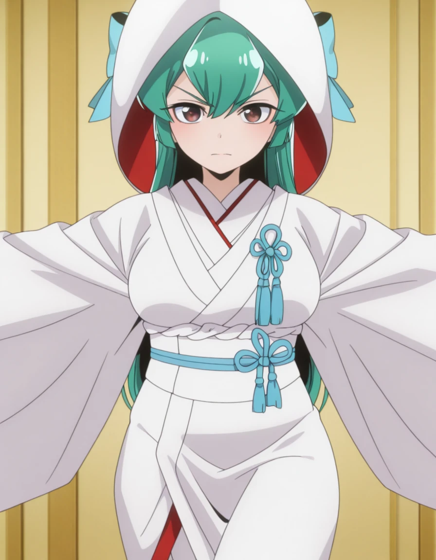 masterpiece, best quality, amazing quality,, <lora:sayo-minakami-s1-illustriousxl-lora-nochekaiser:1>, sayo minakami, minakami sayo, long hair, brown eyes, bow, hair bow, green hair, mature female, breasts, anime screencap, <lora:uchikake-illustriousxl-lora-nochekaiser:1>, uchikake, wataboushi, shiromuku, white kimono, hooded kimono, bride, japanese clothes, hood,, <lora:dynamic-pose-illustriousxl-lora-nochekaiser:1>, dynamic pose, kicking, cowboy shot, ,