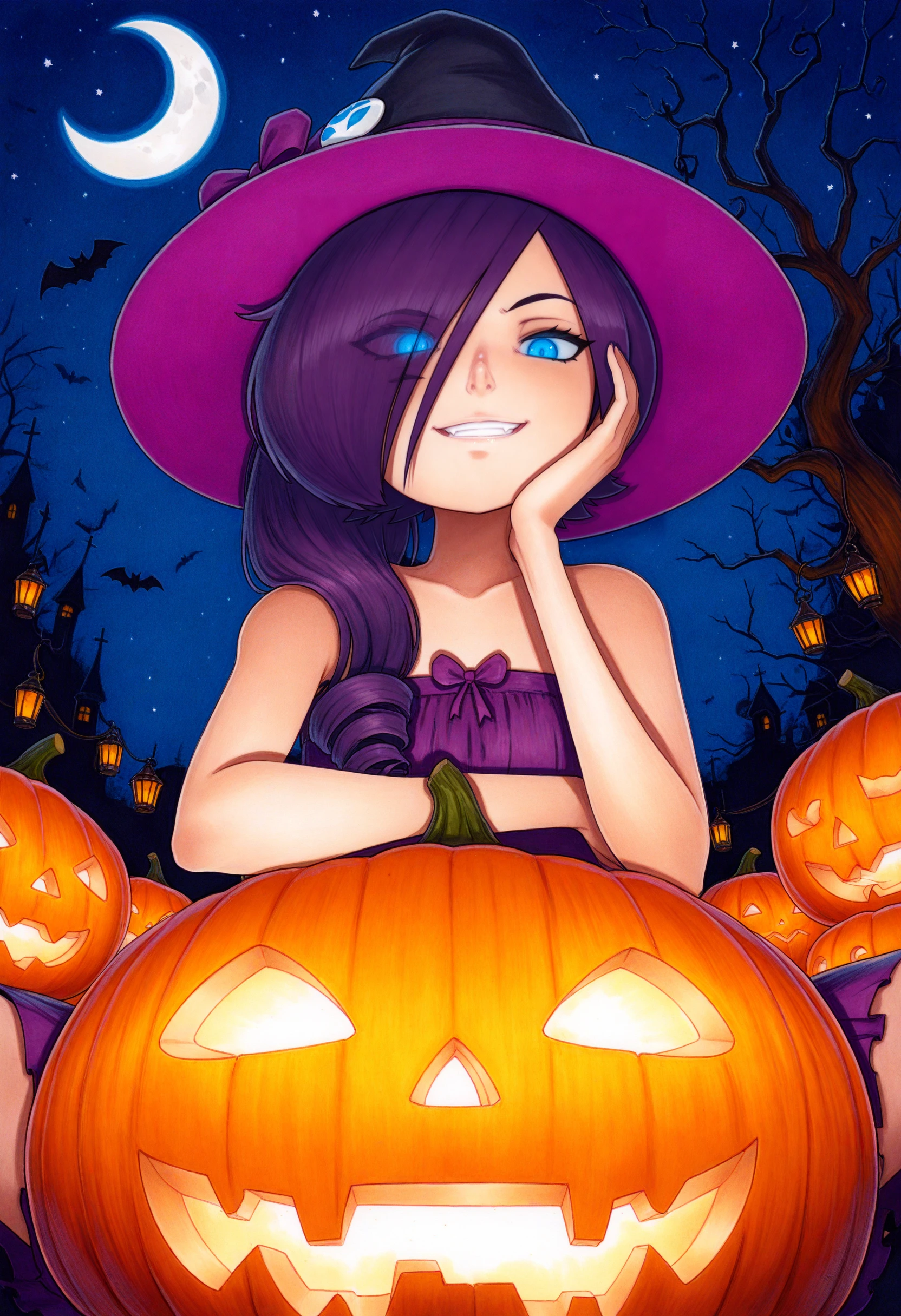 best quality, amazing quality, very aesthetic, absurdres,
traditional media,
zonetan, blue eyes, hair over one eye, drill hair, purple hair, long hair,
1girl, jack-o'-lantern, pumpkin, halloween, hat, lantern, star_(symbol), witch_hat, solo, smug, smile, bat, dress, sitting, bow, bare_shoulders,
looking_at_viewer, crescent_moon, bare_tree, moon, glowing eyes, eyebrows_visible_through_hair, night, game cg,
<lora:OmarDoganNoob_byKonan:1>, <lora:ZonetanNoobXL_byKonan:1>