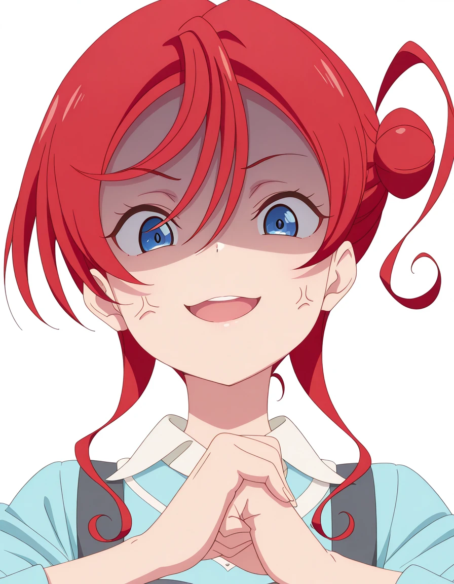 masterpiece, best quality, amazing quality,, <lora:mei-yoneme-s2-illustriousxl-lora-nochekaiser:1>, mei yoneme, yoneme mei, bangs, blue eyes, hair between eyes, red hair, hair bun, single hair bun, single side bun, mature female, small breasts, anime screencap, <lora:cracking-knuckles-illustriousxl-lora-nochekaiser:1>, cracking knuckles, shaded face, open mouth, looking at viewer, looking down, fist in hand, own hands together, anger vein, false smile,, , <lora:transparent-background-illustriousxl-lora-nochekaiser:1>, transparent background, simple background, white background