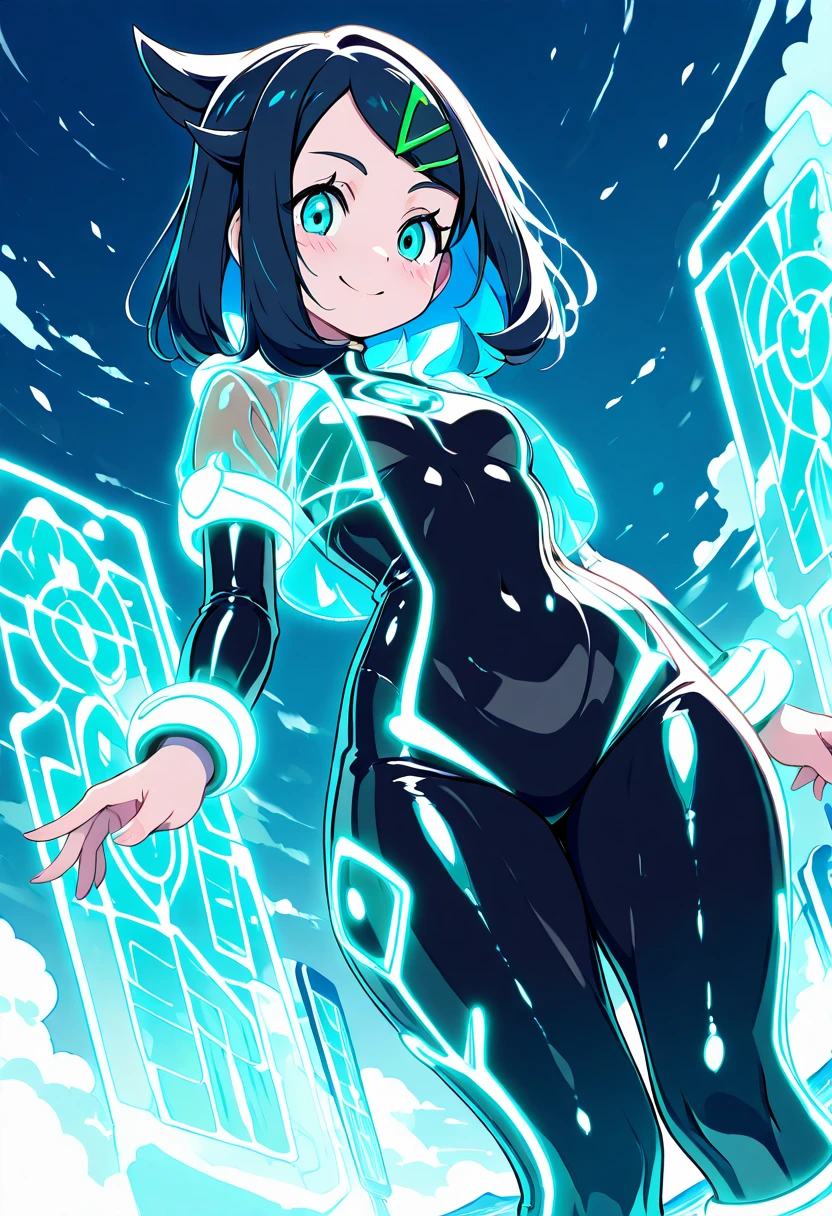 masterpiece, best quality, solo, curvy, beautiful eyes, narrow waist, wide hips, 1girl, solo, smile, looking at viewer, dynamic angle, foreshortening, close up,    liko (pokemon), pokemon, 1girl, blue eyes, aqua eyes, eyelashes, black hair, medium hair, blue hair, colored inner hair, hairclip,   ,<lora:LikoPokemonIXL:1.0>,  <lora:CitronKuroStyle_IXL:1.0>, [Holo-Surfer Rebel], light-reactive bodysuit, glowing trim, translucent jacket, compression leggings, neon straps, energy board boots, datawave tattoos, urban ocean skyline, digital surfboard, carefree pose,