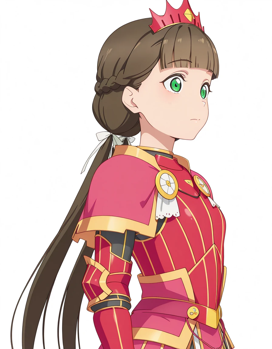 masterpiece, best quality, amazing quality,, <lora:kinako-sakuraouji-s2-illustriousxl-lora-nochekaiser:1>, kinako sakurakouji, sakurakouji kinako, long hair, bangs, brown hair, twintails, green eyes, hair ribbon, braid, blunt bangs, low twintails, mature female, small breasts, anime screencap, <lora:teostra-armor-illustriousxl-lora-nochekaiser:1>, teostra armor, teostra (armor), armor, armored dress, crown, dress, hat, pointed crown, red crown,, from side, , <lora:transparent-background-illustriousxl-lora-nochekaiser:1>, transparent background, simple background, white background