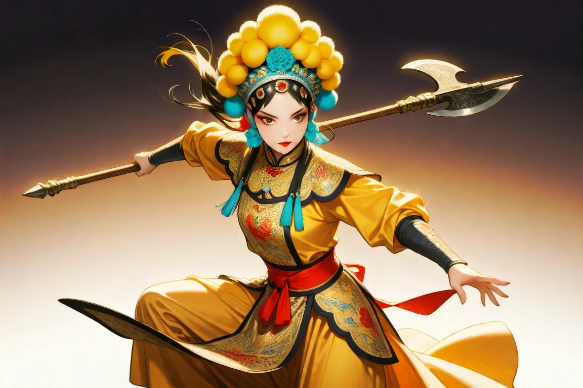 masterpiece, best_quality, very_aesthetic, highres, absurdres, ultra detailed,
<lora:negXL:0.5>
<lora:Beijing_Opera_IL:1>
1girl, beijing opera, black hair, chinese clothes, holding weapon halberd, , lipstick, long sleeves, looking at viewer, makeup, necklace, red lips,chinese armor , eyeshadow, dynamic pose, fighting stance, wrist wrap,
yoneyama mai,dynamic visul,multiple-tone hair, multiple-tone background, watercolor \(medium\), vivd color,warm yellow theme,brown theme,warm colors,dream like, gradient background,