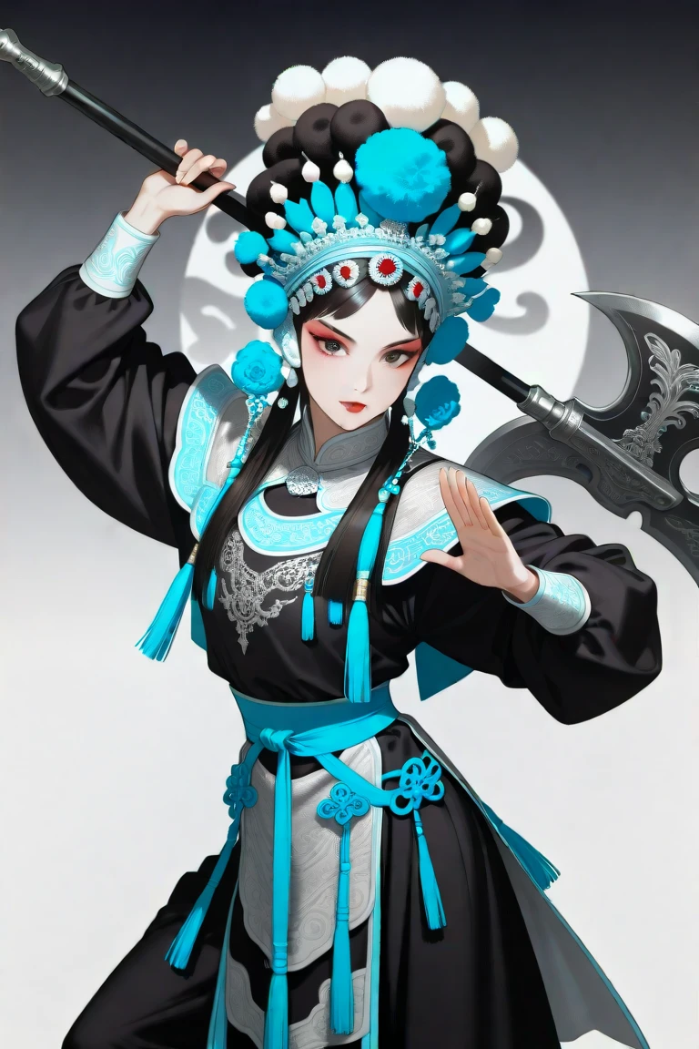 masterpiece, best_quality, very_aesthetic, highres, absurdres, ultra detailed,
<lora:negXL:0.5>
<lora:Beijing_Opera_IL:1>
1girl, beijing opera, black hair, chinese clothes, holding weapon halberd, , lipstick, long sleeves, looking at viewer, makeup, necklace, red lips,chinese armor , eyeshadow, dynamic pose, fighting stance, cape,
yoneyama mai,dynamic visul,multiple-tone hair, multiple-tone background, watercolor \(medium\), vivd color,black theme,smoky grey theme,warm colors,dream like, gradient background,