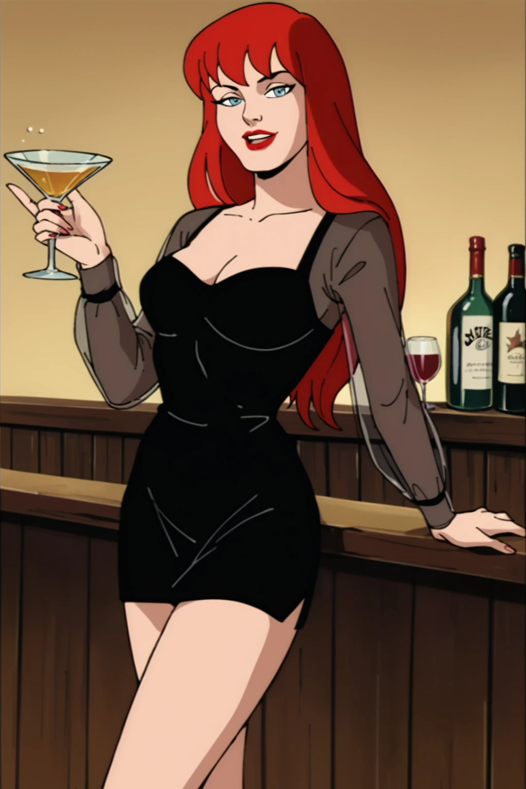 Roulette, green eyes, sunglasses, red dress, tattoo, looking at viewer, serious, smiling,
sitting, on stool, legs crossed, inside a club, bar, holding a martini glass with an olive, neon lighting, extreme detail, masterpiece, <lora:Sett_Roulette:.8>