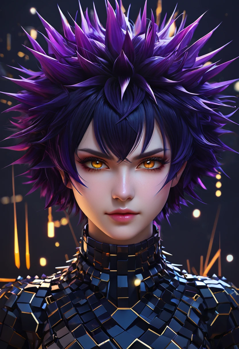 anime artwork background,aura,eyes,<lora:Beeple_generative art:1>,Beeple,generative art theme,a large black object with a lot of squares on it's face and neck [15],purple flower [2],, (Height, Petite, standing at approximately 4 feet 10 inches:1), (Build, Slim and graceful, with a delicate frame that emphasizes her agility and speed:1), (Hair, Short, spiky, and jet-black hair, styled in a tousled, pixie-like fashion, giving her a playful and unique look:1), (Eyes, Golden or amber-colored eyes, eyes are large and expressive, adding to her charming and mischievous aura:1), (Skin, Pale, alabaster skin that sparkles like diamonds in sunlight, as typical of vampires in the Twilight universe:1), . anime style, key visual, vibrant, studio anime,  highly detailed