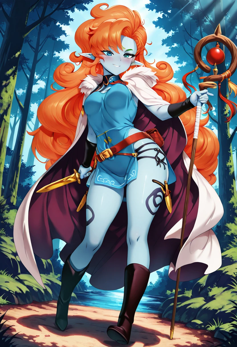 masterpiece, best quality, solo, curvy, beautiful eyes, narrow waist, wide hips, 1girl, solo, smile, looking at viewer, dynamic angle, zZangya, blue eyes, blue skin, pointy ears, orange hair, curly hair, long hair, big hair,    ,       <lora:ZangyaDragonballIXL:0.8>,  <lora:MdastarouStyle_IXL:0.8>, [Forest Dweller], earth-toned tunic made of rough-spun linen with a leather belt, fur-lined cloak with a hood for warmth, sturdy leather boots with woven soles, simple wooden staff adorned with nature motifs, dagger strapped to her side, moss-green eyeshadow and braided hair, standing at the edge of a dense, misty forest with towering trees,