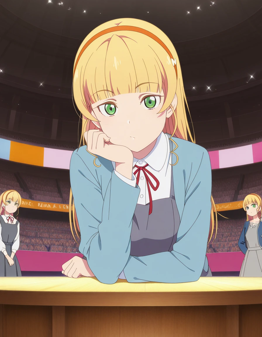 masterpiece, best quality, amazing quality,, <lora:sumire-heanna-s2-illustriousxl-lora-nochekaiser:1>, sumire heanna, long hair, bangs, blonde hair, green eyes, hairband, blunt bangs, orange hairband, mature female, small breasts, anime screencap, shirt, dress, ribbon, jacket, white shirt, open clothes, collared shirt, open jacket, red ribbon, neck ribbon, blue jacket, pinafore dress, grey dress,, head rest, arena, seats, stage, event, audience, cowboy shot, solo, looking at viewer,