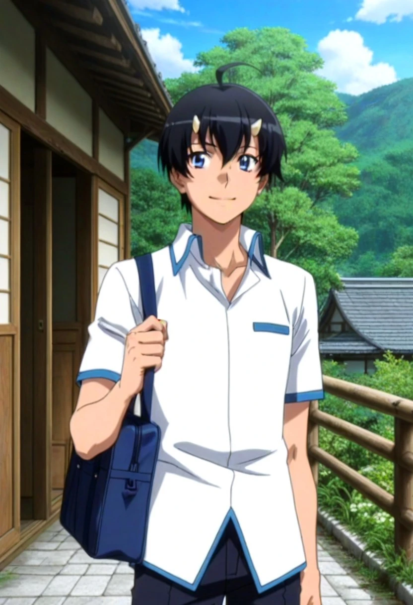 Anime, anime screencap, anime coloring, official art, ((1male only, 1boy only, male focus, one male character only, single male character only, single illustration only)), bishonen, handsome, attractive, cute, sexy, good-looking, Ichirou Tachibana, black hair, ahoge, two small horns, blue eyes, white collared shirt, short sleeves, untucked shirt, black-blue pants, outside, railings, Japanese place, blue sky, smile, blue Japanese school bag, carrying bag on shoulder