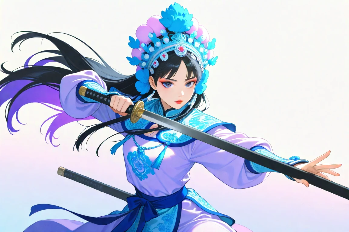 masterpiece, best_quality, very_aesthetic, highres, absurdres, ultra detailed,
<lora:negXL:0.5>
<lora:Beijing_Opera_IL:1>
1girl, beijing opera, black hair, chinese clothes, holding weapon scabbard, , lipstick, long sleeves, looking at viewer, makeup, necklace, red lips,chinese armor , eyeshadow, dynamic pose, fighting stance, gauntlets,
yoneyama mai,dynamic visul,multiple-tone hair, multiple-tone background, watercolor \(medium\), vivd color,pastel purple theme,fern green theme,warm colors,dream like, gradient background,