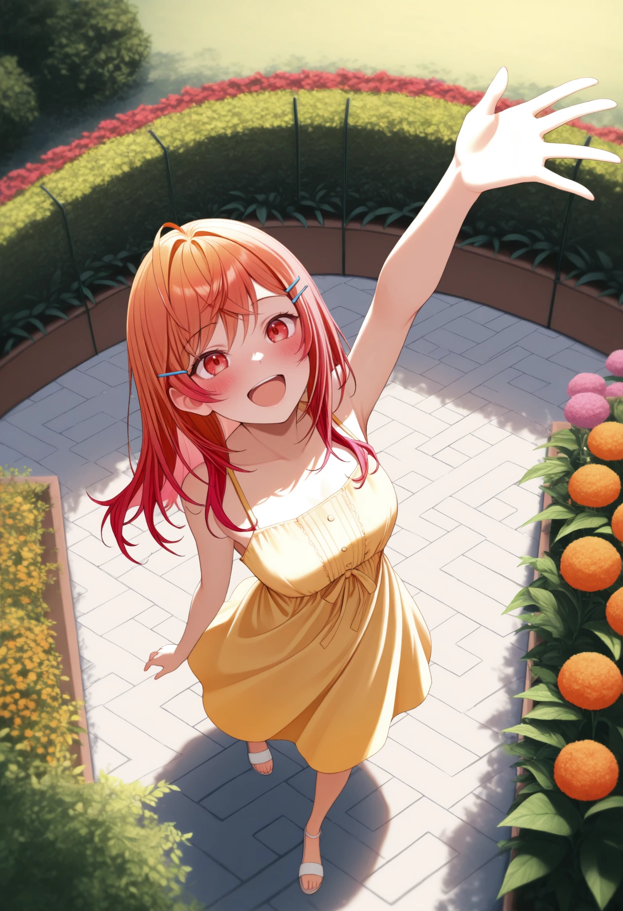 masterpiece, best quality, 1girl, solo, Rir1ka, red eyes, multicolored hair, orange hair, red hair, long hair, hairclip, yellow sundress, happy, blush, arm up, from above, open mouth, garden, outdoors, wide shot, <lora:ChamIchijouRirikaNoob:1>