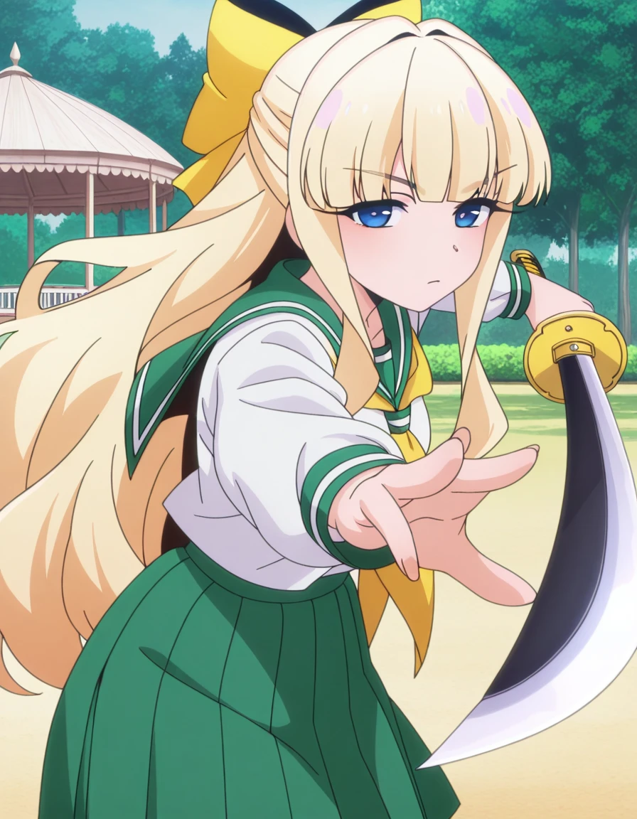 masterpiece, best quality, amazing quality,, <lora:kaoruko-tenkawa-s1-illustriousxl-lora-nochekaiser:1>, kaoruko tenkawa, tenkawa kaoruko, long hair, blue eyes, blonde hair, bow, hair bow, yellow bow, mature female, small breasts, anime screencap, skirt, shirt, long sleeves, white shirt, pleated skirt, serafuku, sailor collar, neckerchief, green skirt, green sailor collar,, <lora:gatotsu-stance-illustriousxl-lora-nochekaiser:1>, gatotsu stance, weapon, sword, katana, holding weapon, holding, holding sword, foreshortening,, gazebo, park, shelter, outdoors, wooden, cowboy shot, solo, looking at viewer,