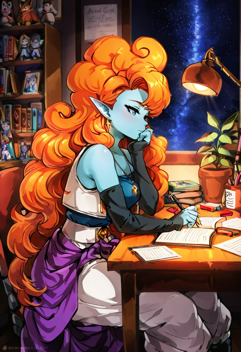 masterpiece, best quality, solo, curvy, beautiful eyes, narrow waist, wide hips, zZangya, blue eyes, blue skin, pointy ears, orange hair, curly hair, long hair, big hair, jewelry, necklace, detached sleeves, bare shoulders, vest, gloves, white baggy pants, , <lora:ZangyaDragonballIXL:1.0>, , zzLofi, sitting, side view, desk, chair, book, bookshelf, head rest, holding, holding pen, lamp, night, open book, pen, plant, potted plant, sky, star (sky), starry sky, window, windowsill, writing, <lora:LofiGirl_Style_IXL:0.8>,