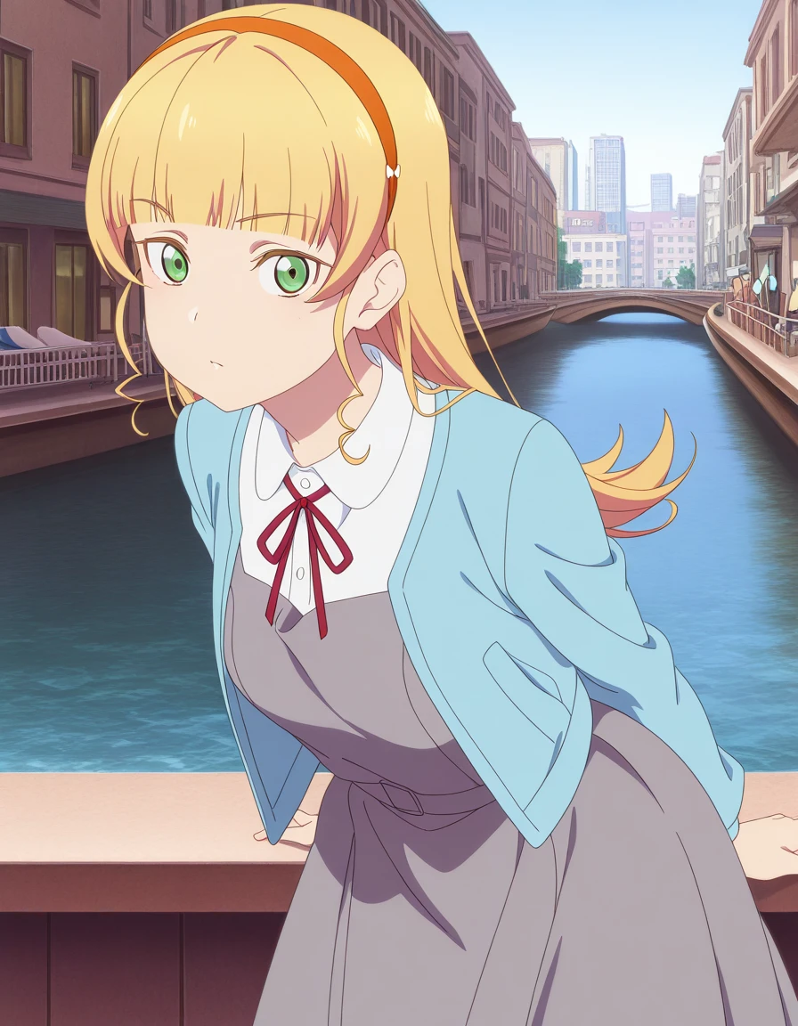 masterpiece, best quality, amazing quality,, <lora:sumire-heanna-s2-illustriousxl-lora-nochekaiser:1>, sumire heanna, long hair, bangs, blonde hair, green eyes, hairband, blunt bangs, orange hairband, mature female, small breasts, anime screencap, shirt, dress, ribbon, jacket, white shirt, open clothes, collared shirt, open jacket, red ribbon, neck ribbon, blue jacket, pinafore dress, grey dress,, leaning forward,, canal, water, boats, city, narrow, cowboy shot, solo, looking at viewer,
