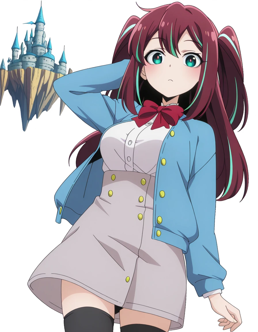masterpiece, best quality, amazing quality,, <lora:matama-akoya-s1-illustriousxl-lora-nochekaiser:1>, matama akoya, long hair, brown hair, green eyes, multicolored hair, aqua eyes, two side up, streaked hair, mature female, medium breasts, anime screencap, skirt, shirt, thighhighs, bow, jacket, white shirt, black thighhighs, bowtie, red bow, zettai ryouiki, buttons, blue jacket, red bowtie, grey skirt, high-waist skirt,, hand behind head, , floating castle, sky, magical, clouds, fantasy, cowboy shot, solo, looking at viewer, <lora:transparent-background-illustriousxl-lora-nochekaiser:1>, transparent background, simple background, white background