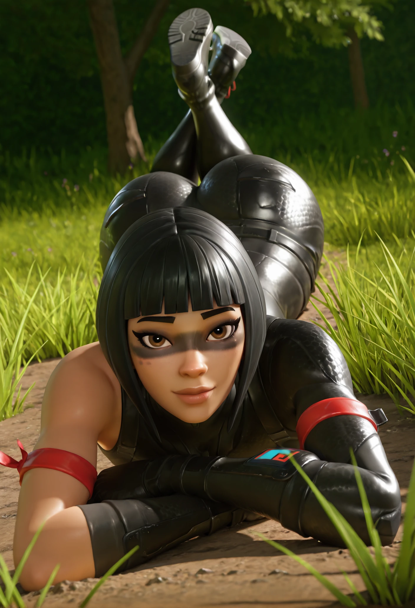 3d, pixar, intricate details, looking at viewer, hyperdetailed skin texture, specular highlights, perfect lighting, subsurface scattering, masterpiece, best quality, amazing quality, 4k, very aesthetic, high resolution, ultra-detailed, absurdres, newest, scenery, 3d, rendered,
1girl, black hair, bangs, blunt bangs, lips, black eye shadow, brown eyes, wide hips, massive thighs, (cellulite:0.8), skindentation,
looking at viewer, 1girl, ((black facepaint)), facepaint, bob cut, blunt bangs, nose, breasts, bangs, bodysuit, ((facepaint around eyes)), full body, laying in grass, on stomach, human arm, bare sholder,
<lora:ShadowOpsFort:1>